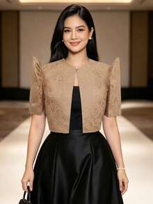 蝴蝶袖 Filipiniana 風格女款優雅時尚蕾絲泡泡短袖上衣，Filipiniana 靈感上衣 - 咖啡棕 - 查看 4