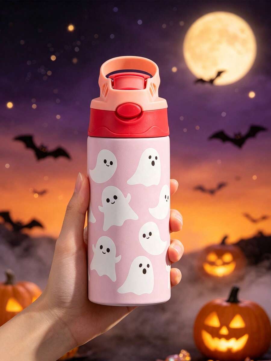 1pc Halloween Ghost Pattern Stainless Steel Splash-Proof Tumbler, Insulated Hot & Cold, Suitable For Outdoor Travel, Office, Home, Camping, Picnic, Halloween Party Gift - Multicolor - View 1