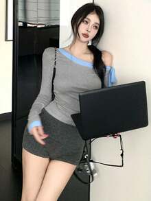 Autumn New Vintage Bow Tie Contrast Color Off-Shoulder Long Sleeve T-Shirt Minimalist Sexy Unique Base Layer Top - Grey - View 4