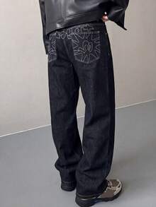 1件男士寬鬆牛仔褲，後口袋多工藝刺繡設計，街頭風，時尚百搭 - 深色水洗藍 - 查看 1