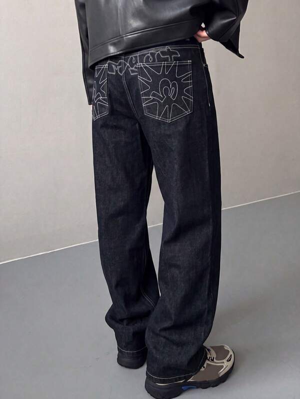 1 buah Celana Jeans Denim Pria Model Longgar, Saku Belakang dengan Desain Bordir Multi-Kerajinan, Gaya Jalanan, Modis dan Serbaguna