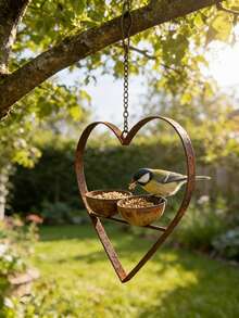 1pc Metal Rusted Heart-Shaped Double Bowl Bird Feeder, Suitable For Outdoor Yard And Tree Decoration - Love - View 5