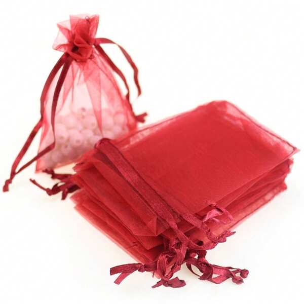 50Pcs Organza Gift Bags Burgundy Drawstring Jewelry Pouches Transparent Mesh Favor Bags For Wedding Party Bracelet Necklace Earrings Candy Small Gift Packaging Festival Decoration Holiday Party Souvenir Packaging Storage Pouches