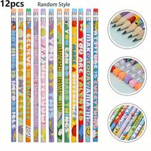 Set Pensil & Penghapus Kartun Inspiratif Bahasa Inggris 6/12 buah, Pensil HB untuk Siswa, Hari Pertama Sekolah - MultiWarna - View 8