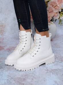 Sepatu bot wanita model rendah, warna polos, bertali, dengan lubang tali logam dan ritsleting samping, sepatu bot pergelangan kaki hangat dan modis untuk musim gugur/musim dingin. - Krem - View 1