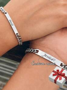 [2-Piece Bracelet Set]Punk Style Customized Name Engraved Bar Bracelet, Adjustable Unisex Stainless Steel Hip-Hop Chain Bracelet, Personalized Jewelry, Holiday Party Gift, Thanksgiving, Christmas, Valentine's Day Unique Exquisite Gift, Best Gift For Women In 2024 - Gold - View 1