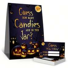 51 Pcs/Pack How Many Candies Game Cards Kit,Funny Pumpkin Party Raffle Ticket, Halloween Activities Decorations,1 Standing Sign + 50 Guessing Cards - View 1