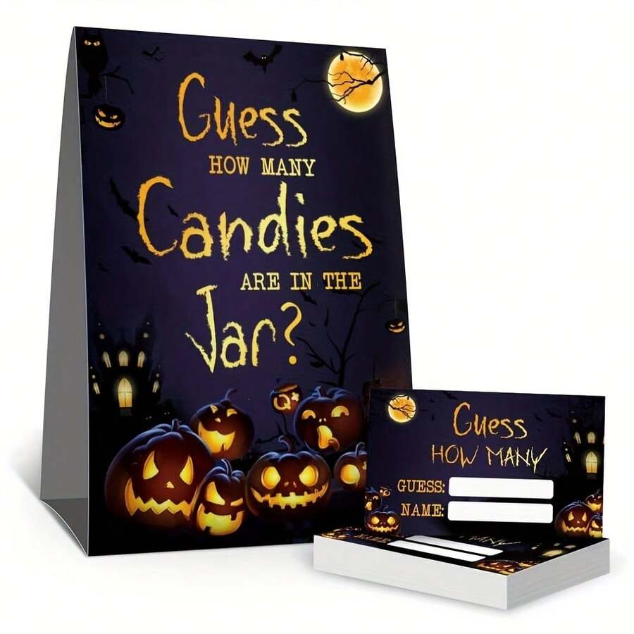 51 Pcs/Pack How Many Candies Game Cards Kit,Funny Pumpkin Party Raffle Ticket, Halloween Activities Decorations,1 Standing Sign + 50 Guessing Cards - View 1