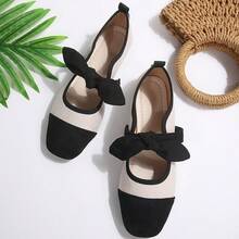 Bow Velvet Fashion Women's Shoes Spring French Vintage Colorblock Shallow Low Heel Square Toe Pumps - Black + Beige - View 5