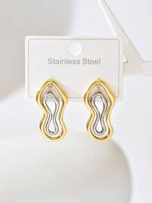 1 Pair Minimalist Fashion Stainless Steel Gold & Silver Contrast Earrings For Women, Suitable For Daily Wear - Multicolor - View 5