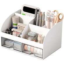 1pc Desktop Organizer With 6 Compartments And 2 Drawers, Plastic Makeup Organizer, Desktop Pen Holder, Suitable For School, Home, Office Supplies Desktop Organization - Multicolor - View 8