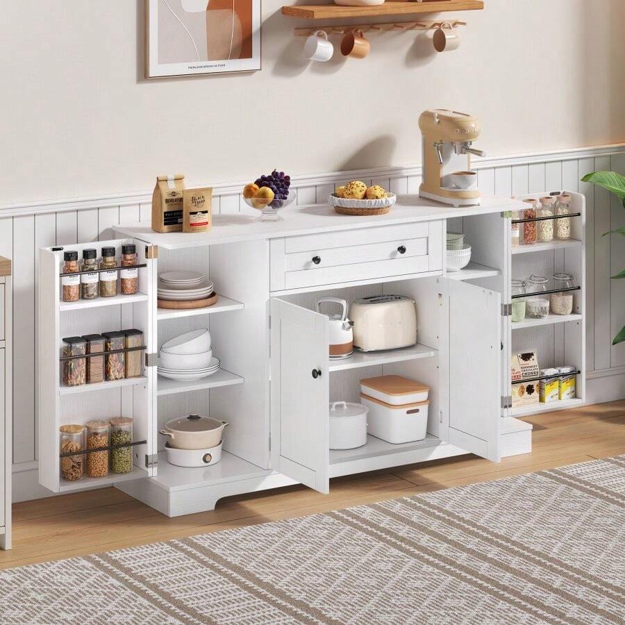 Multifunctional Kitchen Sideboard – 138 Cm Cabinet With Drawer, Shelf Doors & Adjustable Shelves – Modern Design With Tip-Over Protection, Ideal For Kitchen, Living Room & Bedroom - White - View 1