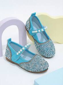 1 Pair Girls' Dual-Color Rhinestone & White Pearl Hook-And-Loop Blue Flat Shoes, Suitable For Performance And Daily Wear - Blue - View 6