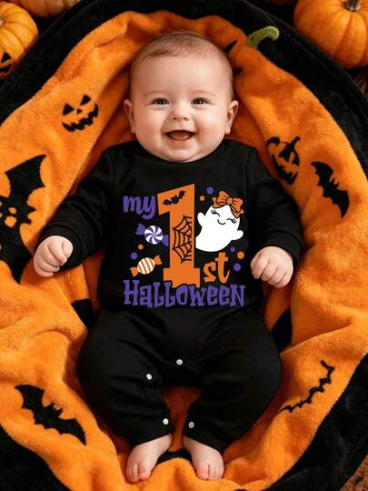 Infant Halloween Cartoon Long Sleeve Romper, Toddler Jumpsuit And Baby Boy Romper, Suitable For Halloween Party, Outdoor Wear