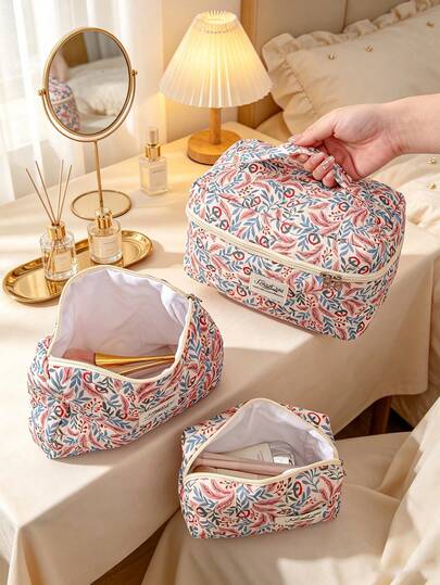 1Pc/Set Retro Floral Makeup Bag Set Makeup Bags Cosmetic Bag Travel Make Up Bag Toiletry Bag Skincare Bag Makeup Brushes Storage Bag Multi-Functional Storage Bag Bridesmaid Gifts Mom's Gifts Travel Essential Cruise Essential