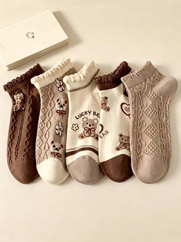 1/5 Pairs Women's Cute Bear Pattern Short Socks, Cute Japanese Sweet Casual Fashion Women's Socks, Preppy Style, Suitable For Daily Wear, Back To School Season, All Seasons