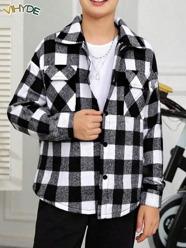 Vihyde Kemeja Kasual Anak Laki-Laki untuk Sekolah Motif Kotak-kotak Hitam Putih, Bahan Lembut, Longgar, Lengan Panjang, Bahu Jatuh