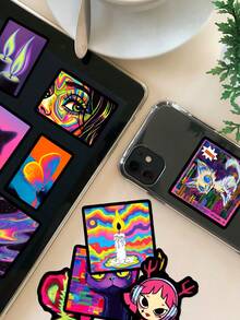 50Pcs Rainbow Neon Stickers, Surreal Weird Hypnotic Aesthetic Decals, Black Border Cat Skull Vinyl Decals Fit Vision Board, Journal Laptop Tablet - Multicolor - View 4
