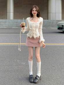 Cardigan Sweater Rajut Bergaris dengan Hiasan Renda Bergelombang, Lengan Panjang Pas Badan, Warna Beige, Atasan Elegan untuk Musim Gugur/Dingin, Cocok untuk Acara Santai dan Pesta. - Aprikot - View 5