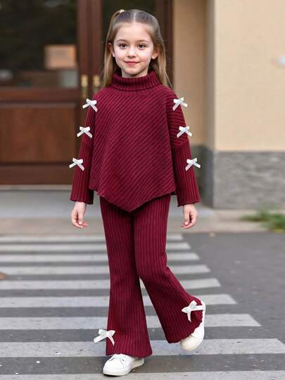 Girls 8Y-12Y Autumn/Winter Knit 2-Piece Set, Burgundy Vertical Textured High Neck Asymmetrical Bow Knit Top And Matching Textured Bow Flared Knit Pants, Suitable For Daily Outings, Campus Activities, Outdoor Leisure, Vintage Sweet Girl Knit Casual Outfit