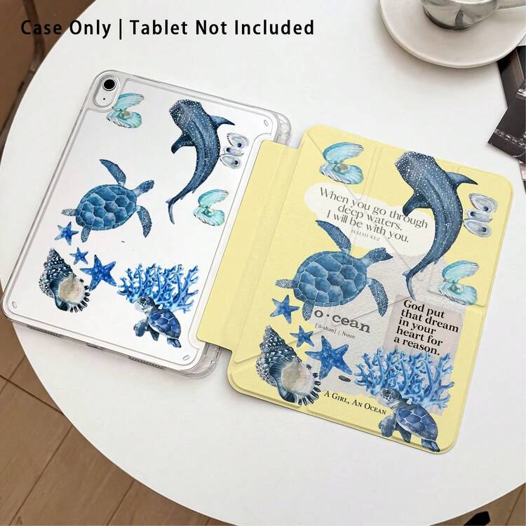 Sea Turtle, Starfish, Seaweed, Dolphin, Seashell Pattern Painted Effect Tablet Protective Case With Stand, Compatible With Honor 8/9/10/X8/X8A/X9/X8Pro/X9Pro/ MatePad SE 11 Inch/MatePad 11 Inch/11.5 Inch/MatePad Pro/Apple 10th/11th Gen 2025 (A16)/ Galaxy Tab A7/A9 And Other Popular Models - Style 25 - View 2