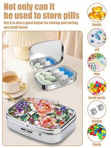 1pc Portable Floral Printed Pill Case, Mini 2 Grid Divided Medicine Tablet Storage Box, Vintage Flower Pattern Metal Pill Container For Pocket Purse Travel Daily Vitamin Organizer Gift For Women - Multicolor - View 3