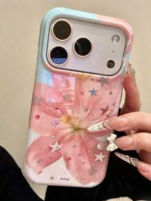 美感可愛花卉亮面雷射手機殼，適用於 iPhone 17ProMax 17Pro 17 16ProMax 16Pro 16 15 14 13 Pro Max，時尚星星軟背殼禮物 - 藍粉紅百合 - 查看 3