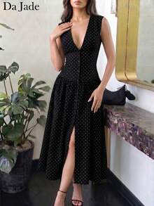 Da Jade Women's Vintage Bordeaux Red Polka Dot Sleeveless Midi Dress, Deep V-Neck Front Button Closure Side Slit Ruched Waist Soft Flowy Casual Beach Holiday - Black - View 5