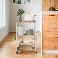 SONGMICS Scaffale da Cucina con Ruote a 3 Ripiani, Struttura in Metallo con 6 Ganci - Rovere giallo - Visualizzare 1