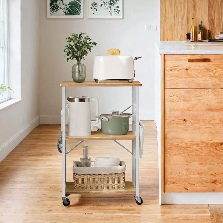 SONGMICS Scaffale da Cucina con Ruote a 3 Ripiani, Struttura in Metallo con 6 Ganci - Rovere giallo - Visualizzare 1
