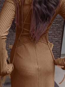 UREREM 210g Vestido de manga larga elegante de primavera, de punto acanalado de unicolor suave, con cuello cuadrado y cordón lateral, ajustado al Body - Café - Ver 6