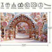 1 Tissu de fond thème Royaume des bonbons de Noël, Arche en pain d'épices, Vue enneigée de la forêt d'hiver, Thème des bonbons de Noël. Convient pour la décoration de Noël, la décoration du Nouvel An, la décoration de la maison, l'arrangement de fête, les accessoires de photographie. - Multicolore - Voir 4