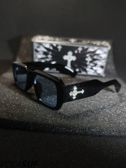 Diamond Heart Cross 1pc Geometric Pattern Cross Shiny Vintage Casual Bohemian Court Style Party Cute Street Elegant All-Season Square Small Frame European American Retro New Minimalist High-End Fashion Glasses Men Polygon Frame Personalized Street Style Personalized Square Small Frame Vintage Versatile Street Design Cool Niche Temple Inlaid Heart Cross Rhinestone Accessories