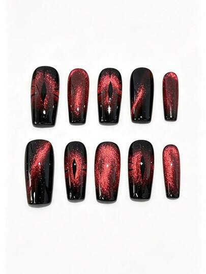 10 piezas de uñas postizas tipo ataúd de tamaño medio hechas a mano, base negra brillante, degradado de purpurina burdeos brillante efecto ojo de gato & ojos de demonio pintados a mano, uñas góticas minimalistas oscuras y geniales para Halloween