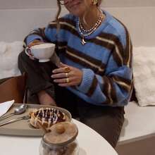 Women's Striped Crew Neck Dropped Shoulder Long Sleeve Loose Casual Sweater - Blue - View 2