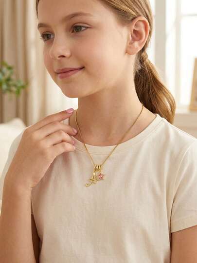 1pc Gold Tone Rhinestone Letter A Pendant Necklace With Pink Star Charm Cute Elegant Box Chain Jewelry For Girls Birthday Party Daily Wear