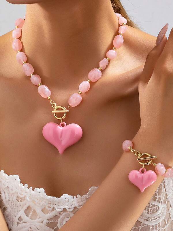 2pcs/Set Fashion Red Beaded Heart Necklace And Bracelet Set, Suitable For Women's Daily Wear, Party And Gift