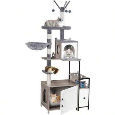 Cat Tree With Litter Box Enclosure, 3-In-1 Modern Cat Tower For Indoor Cats, 67.32'' Hidden Cat Litter Box Furniture With Cat Condo, Food Station And Hammocks, All-In-One Cat Furniture