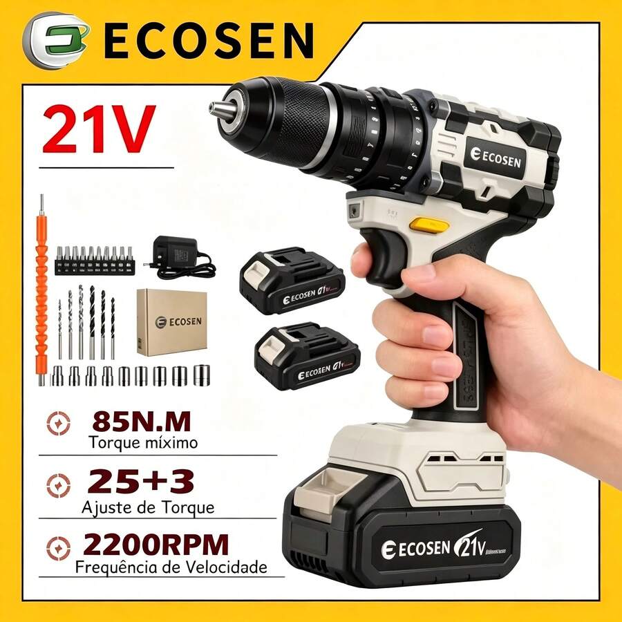 Furadeira Sem Escova 3 Funções 21V Kit Completo 2 Baterias Carregador Bivolt + Todos Acessórios - Entrada do Brasil (220V) - Visão 1