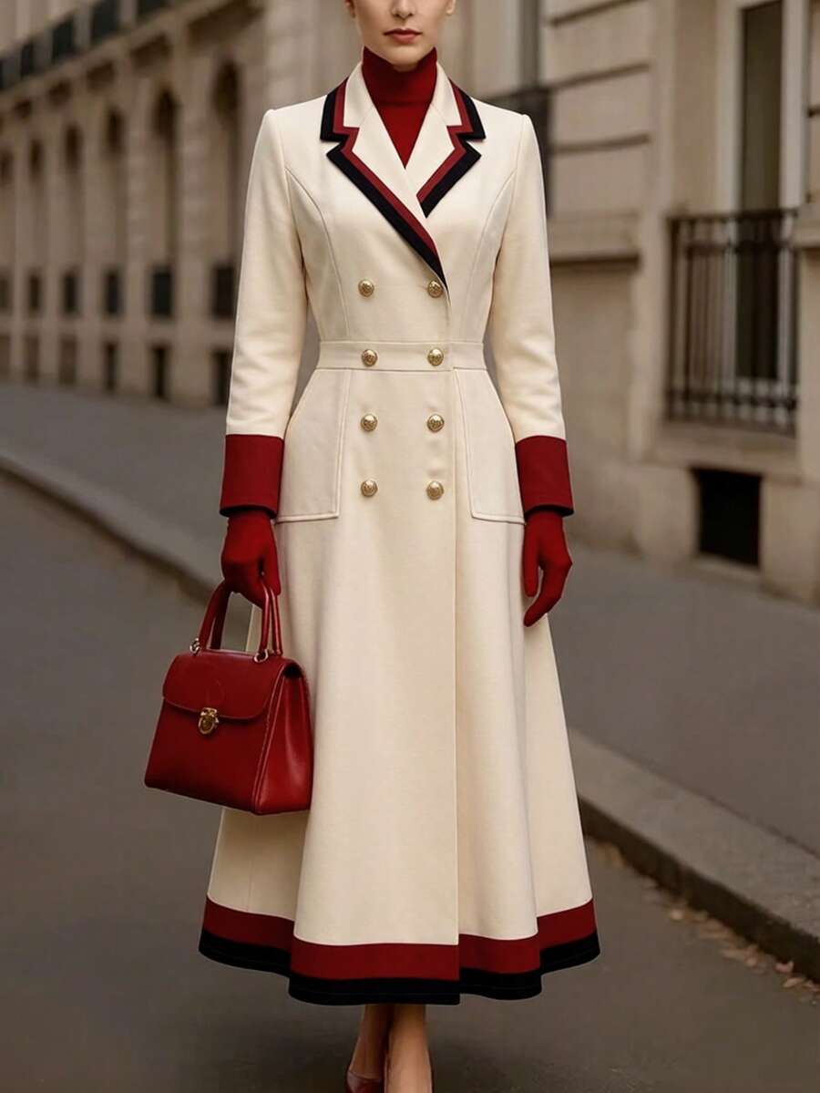 Women's Elegant Lapel Long Sleeve Double-Breasted Fashion Casual Jacket, Spring/Autumn - Champagne - View 1