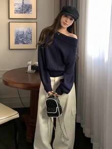 [Y6Y]Autumn Women Cold Shoulder Cable Knit Sweater, Exposed Shoulder Cable Knit Cardigan, Korean Style Gentle Aesthetic - Navy Blue - View 1