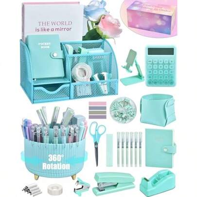 21Pcs Green And Blue Desk Organizers And Accessories With Mesh Desk Organizer And 360Rotating Pen Holder And A Lot Of Office Green Office Supplies Beautifully Presented In A Gift Box