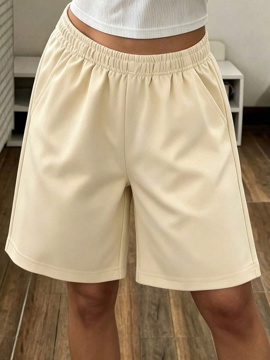 1pc Teen Girls' Fashion Solid Color Minimalist Versatile Casual Shorts - Yellow - View 1