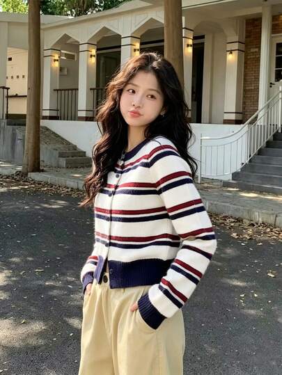 Premium Vintage Contrast Color Striped Knit Cardigan Sweater Women Autumn/Winter New Long Sleeve Slimming Short Jacket Top