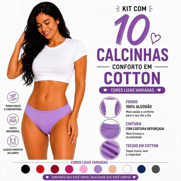 Kit 10 Tangas Conforto em Cotton Liso Calcinha Feminina Básica Conforto e Qualidade
