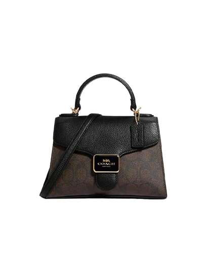 COACH Pepper 22 Brown/Black/Gold Coated Canvas And Leather Patchwork Handbag With Top Handle Adjustable Crossbody Strap And Interi