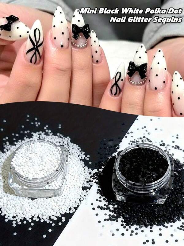 Kim tuyến móng tay chấm bi đen trắng mini phong cách Y2K tối giản đa năng, phù hợp cho thiết kế nail art DIY, phụ kiện trang trí, sticker móng tay, nail art phong cách Hàn Quốc, kiểu móng xuân/hè, trang trí ốp điện thoại
