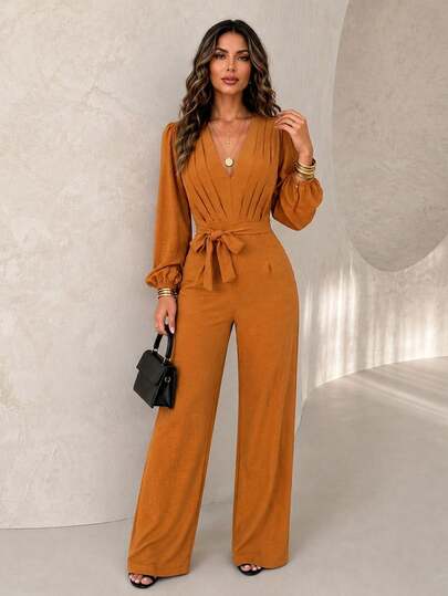 ChicMe Women's Deep V-Neck Puff Sleeve Long Sleeve Tie-Waist Wide Leg Textured Jumpsuit, Casual Side Pockets Fashion Daily Holiday Outfit