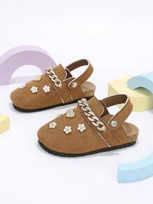 1 Par de Sapatos Mule Infantis com Corrente de Coração e Flor, Bico Fechado com Strass, Cor Camelo, Adequado para Uso Diário - Caramelo - Visão 4