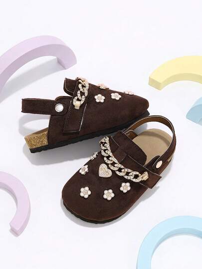 1 Pair Kids Rhinestone Closed-Toe Chain 3D Heart Flower Coffee Brown Mule Shoes, Suitable For Daily Wear